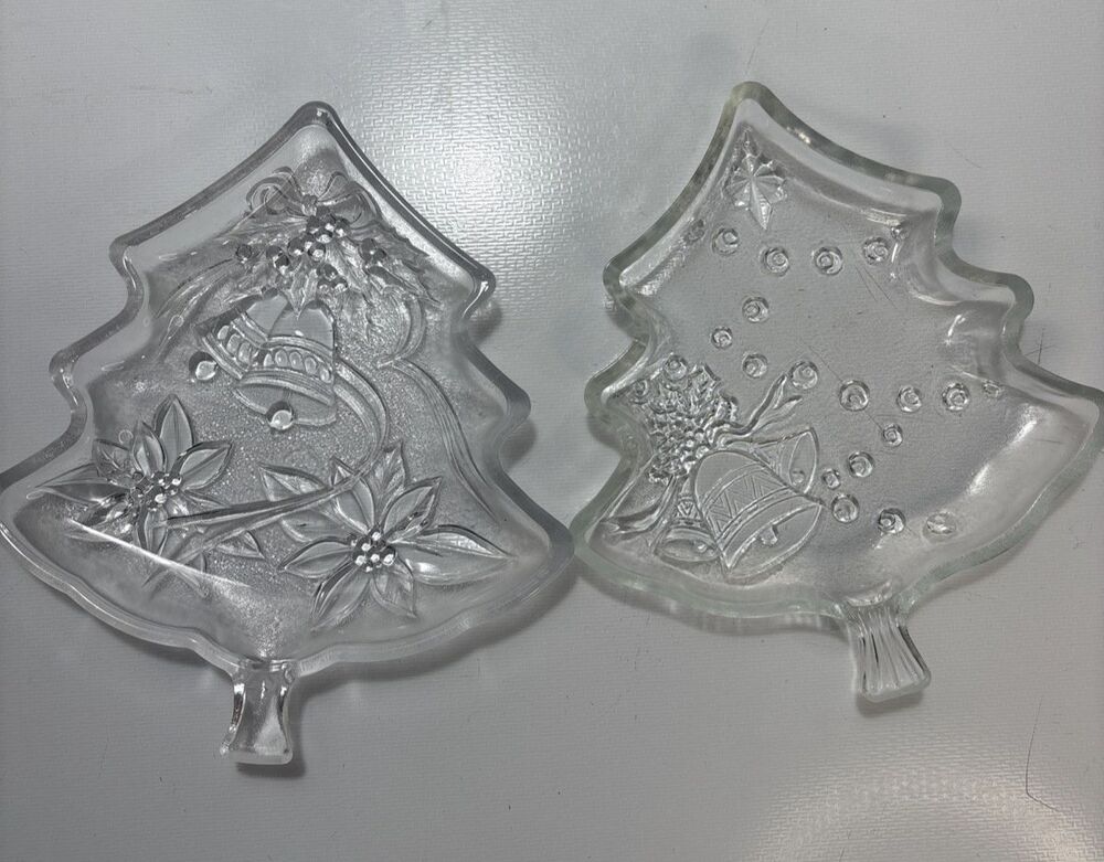 2-Home Beautiful By Mikasa Crystal Candy/Trinket Dish X-mas Tree & Holiday Bells